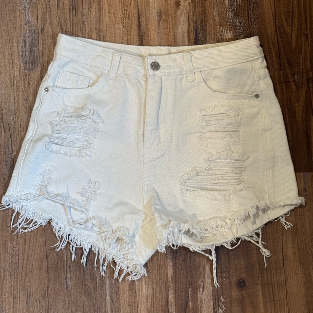 SHEIN White Distressed Jean Shorts High-Waisted